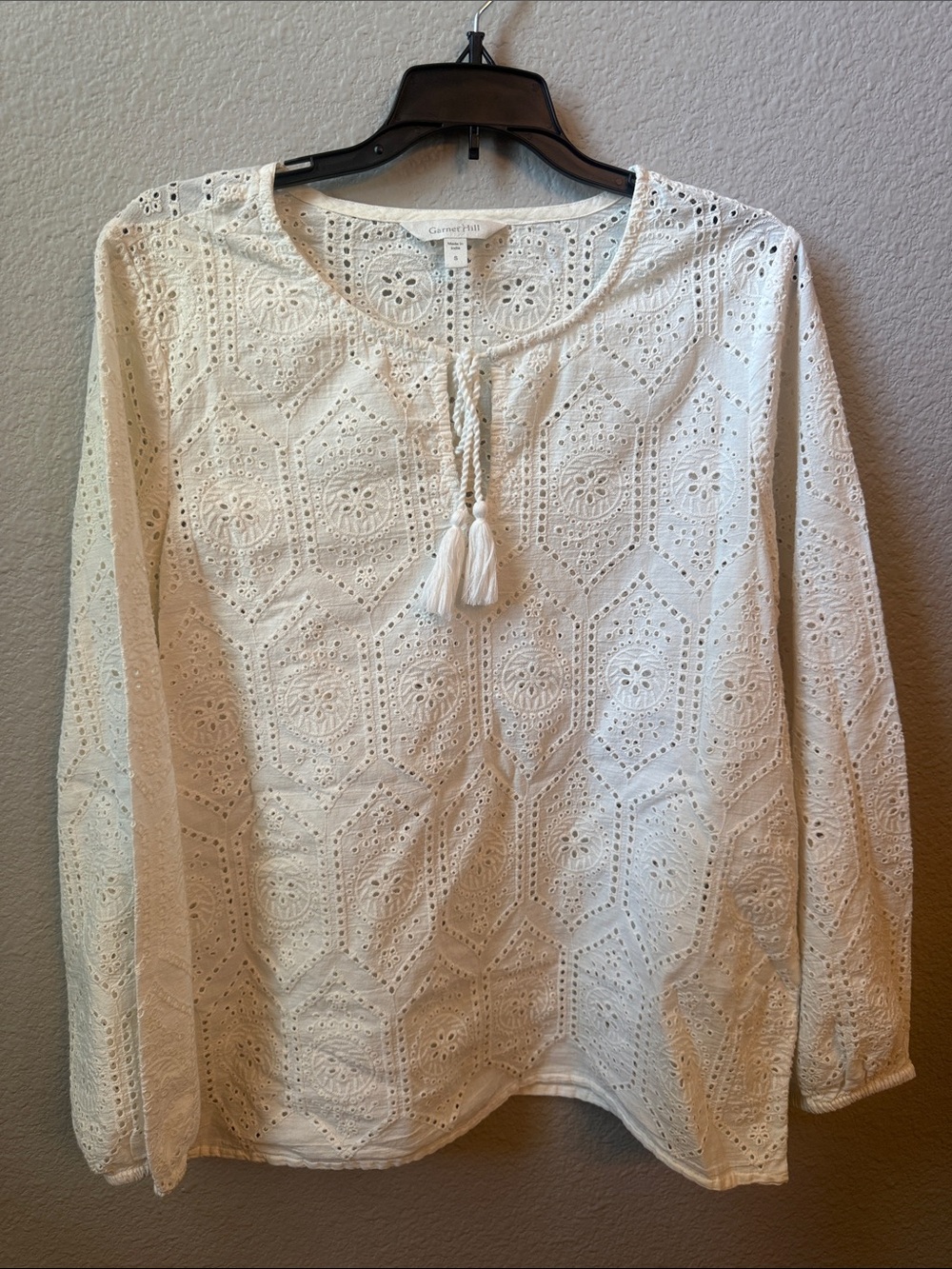 Boho Chic Garnet Hill White Eyelet Peasant Tassel Tunic Long Sleeve Blouse